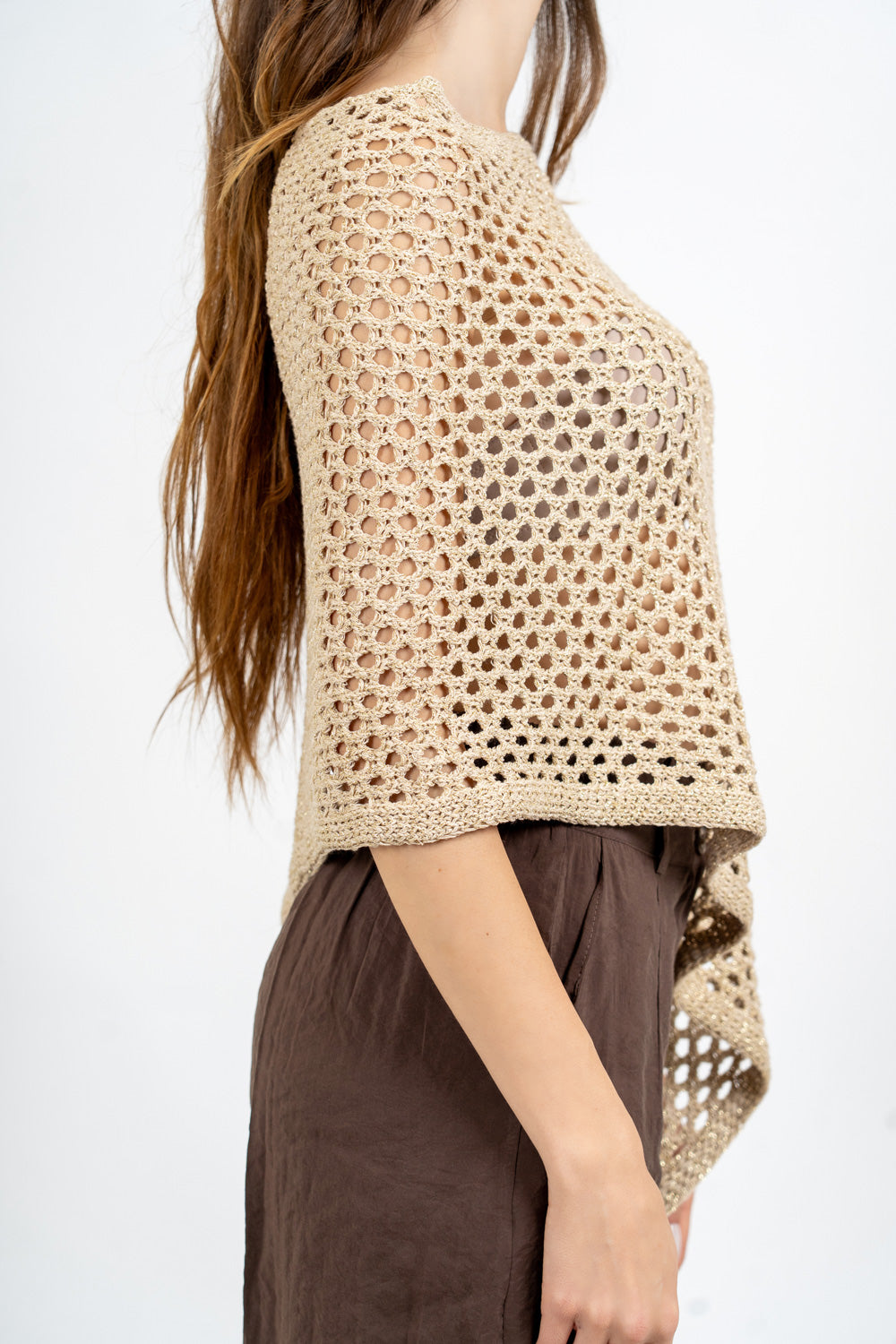 Poncho rete lurex in cotone effetto crochet.