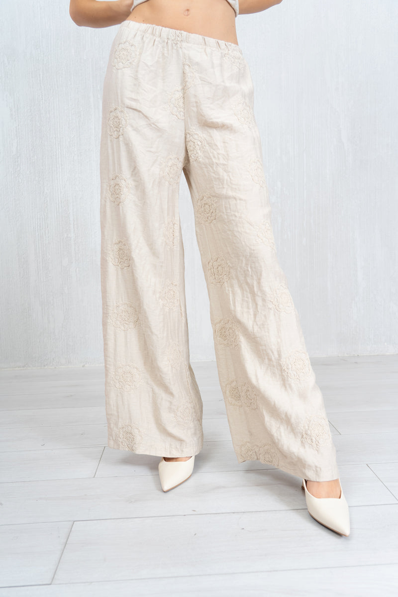 Pantalone ricamato in lino e viscosa