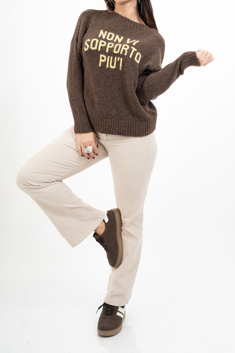 Maglione girocollo con scritta “Non vi sopporto più!” in misto lana Made in Italy