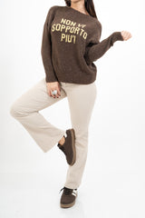 Maglione girocollo con scritta “Non vi sopporto più!” in misto lana Made in Italy
