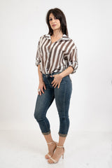 Camicia a righe in tencel leggera con nodo frontale e manica risvoltata