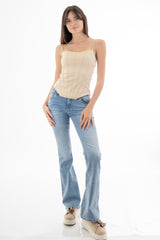 Jeans donna vita bassa a zampa in denim leggero elasticizzato