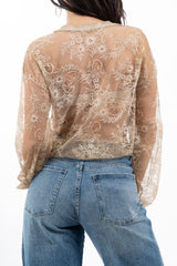 modella indossando Cardigan in pizzo floreale trasparente con scollo V colore