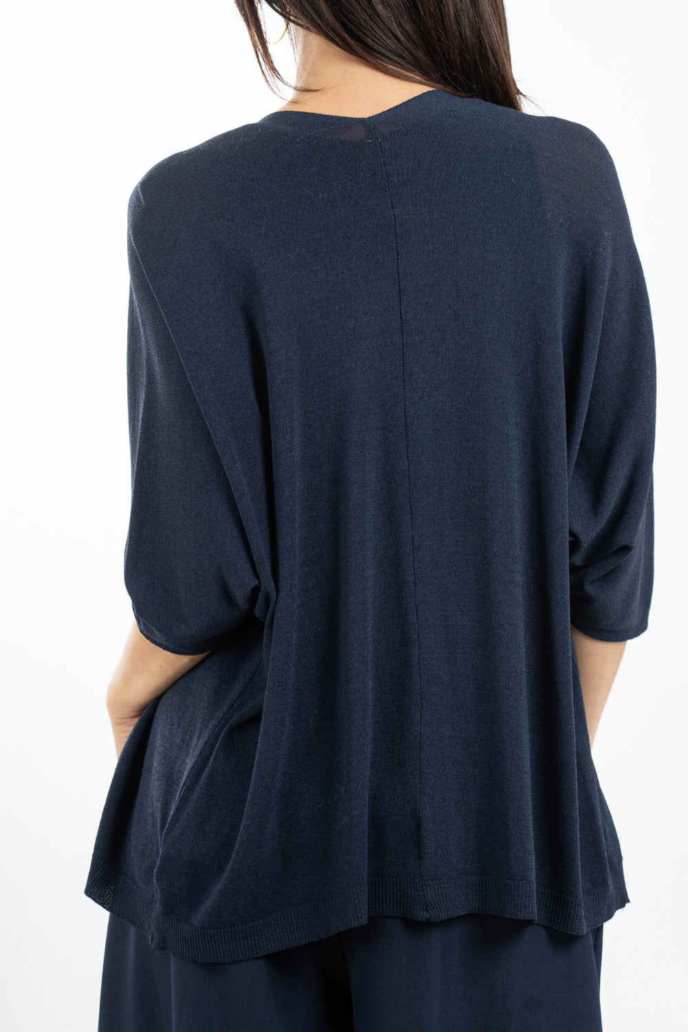 modella indossando Cardigan leggero in maglia con manica pipistrello e linea morbida colore