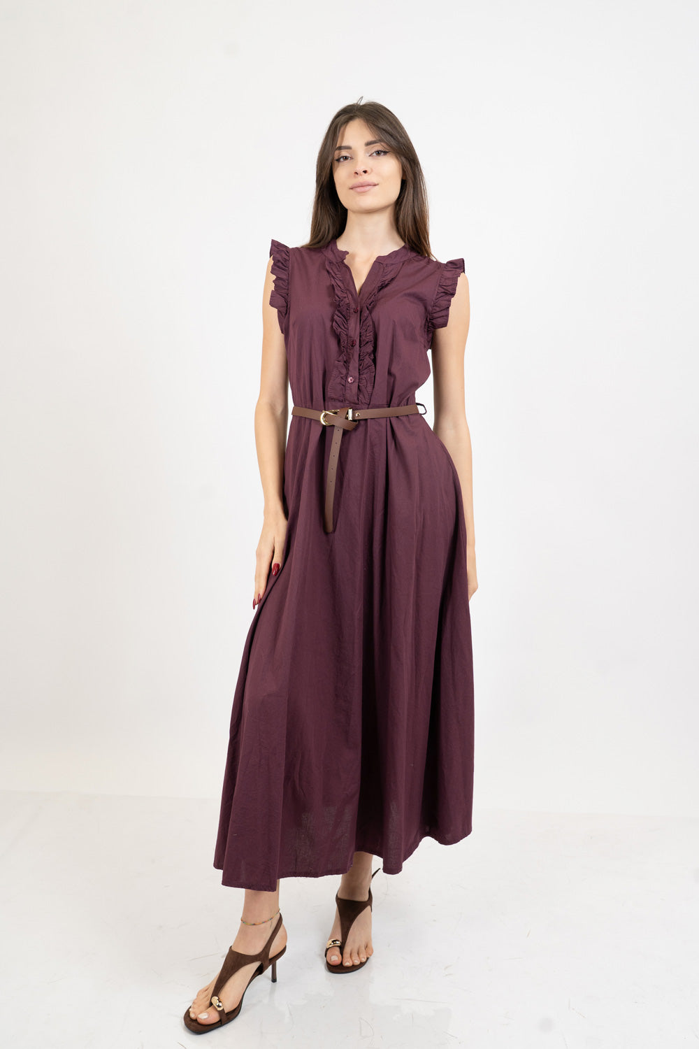 Abito lungo in cotone con rouge e cintura