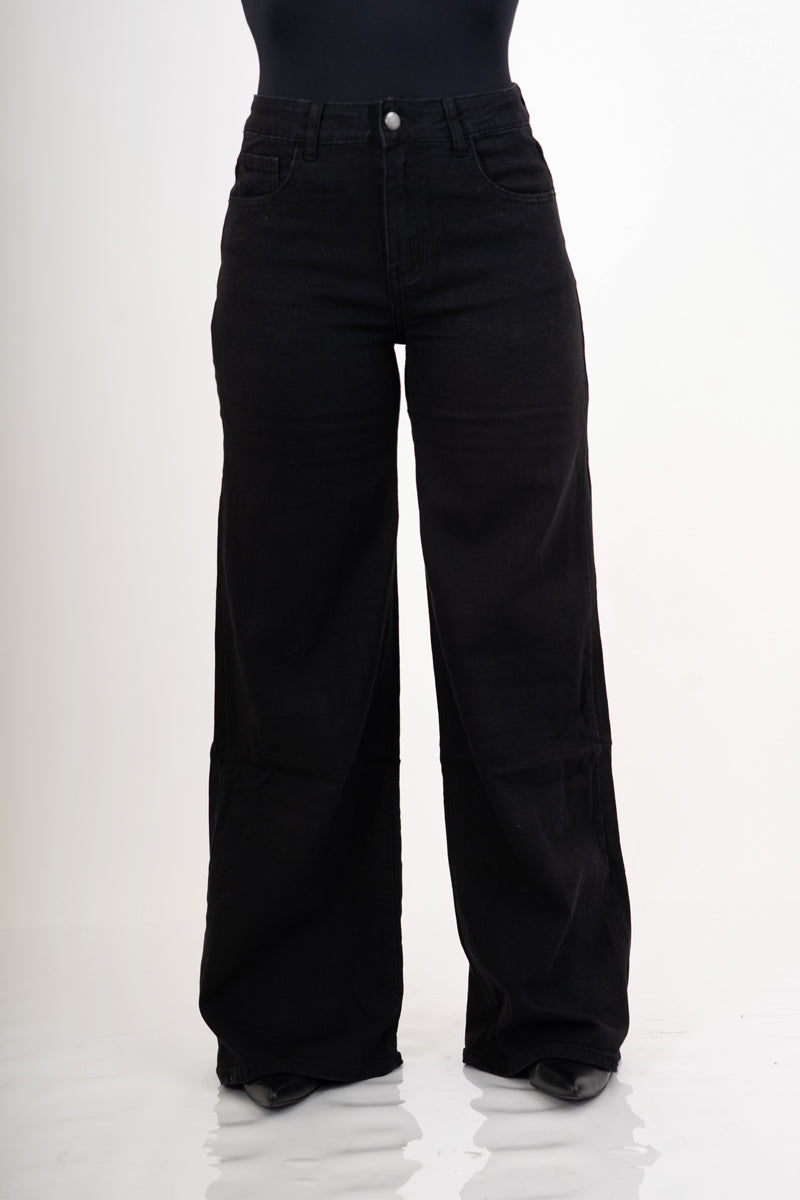 Jeans Nero a palazzo elasticizzato a vita alta