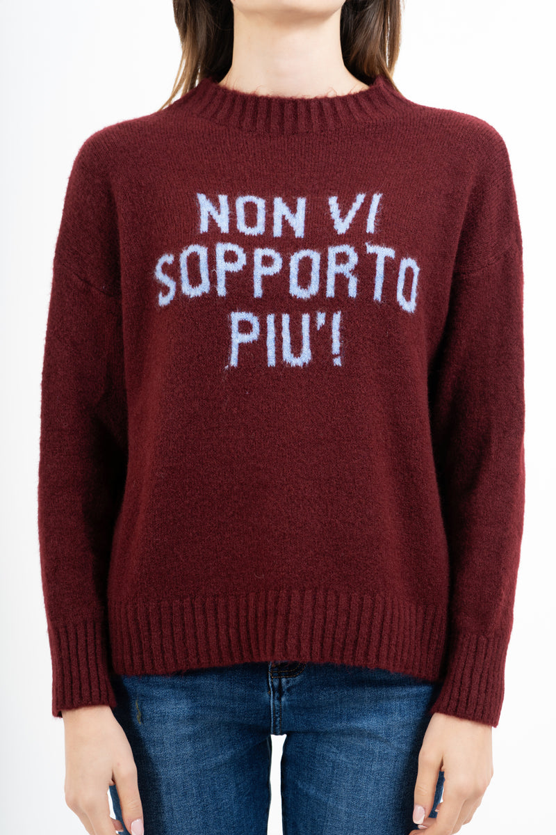 Maglione girocollo con scritta “Non vi sopporto più!” in misto lana Made in Italy