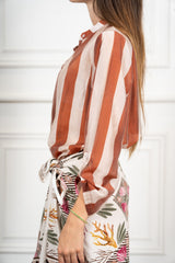 Camicia Collo Coreana in Tencel a Righe Multicolor