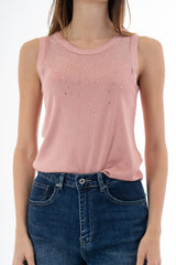 modella indossando Top canotta in microcostina di viscosa elasticizzata con strass degradé colore Rosa Unica