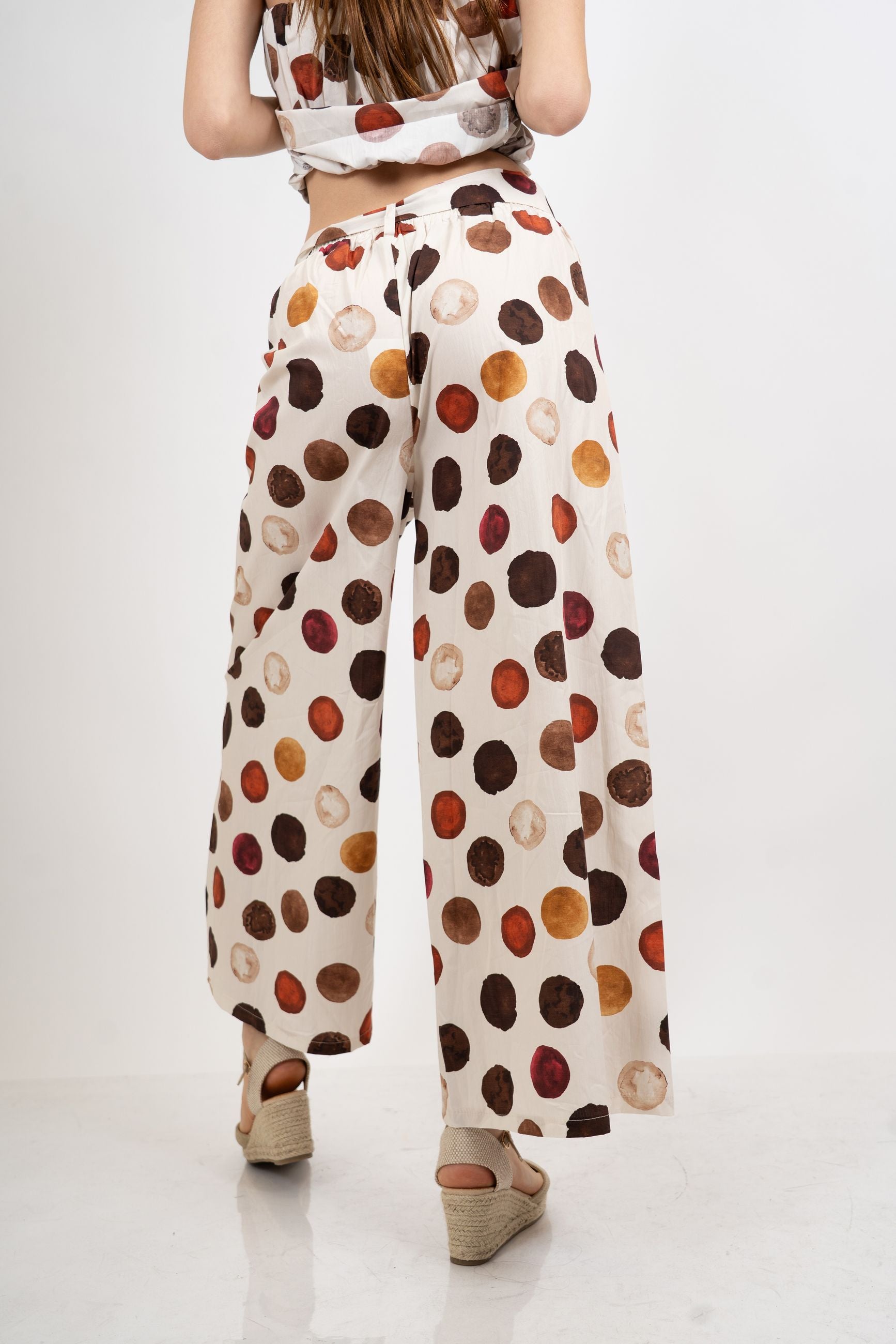 Pantalone wide leg in cotone fantasia pois acquerello.