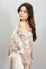 Blusa in chiffon floreale con fodera in viscosa Beige