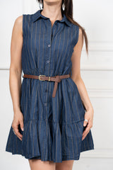 Abito chemisier midi in chambray gessato con cintura