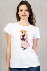 T-shirt in Cotone Elasticizzato con Stampa Orsetto Chic Blu