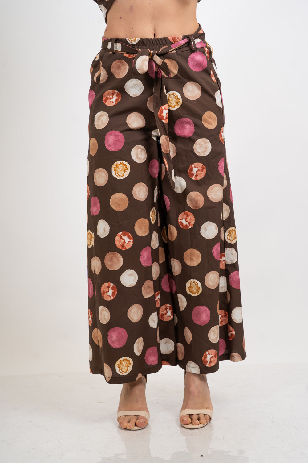 Pantalone wide leg in cotone fantasia pois acquerello.