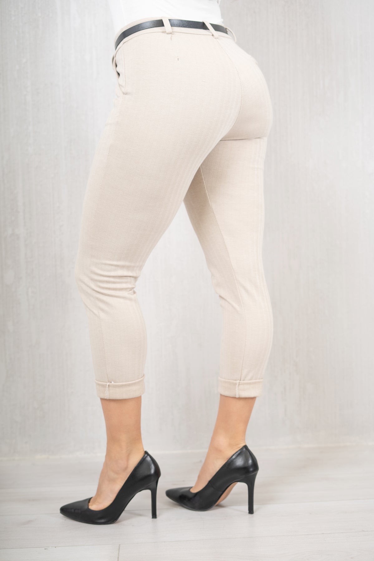 Pantalone slim elastico spinato beige