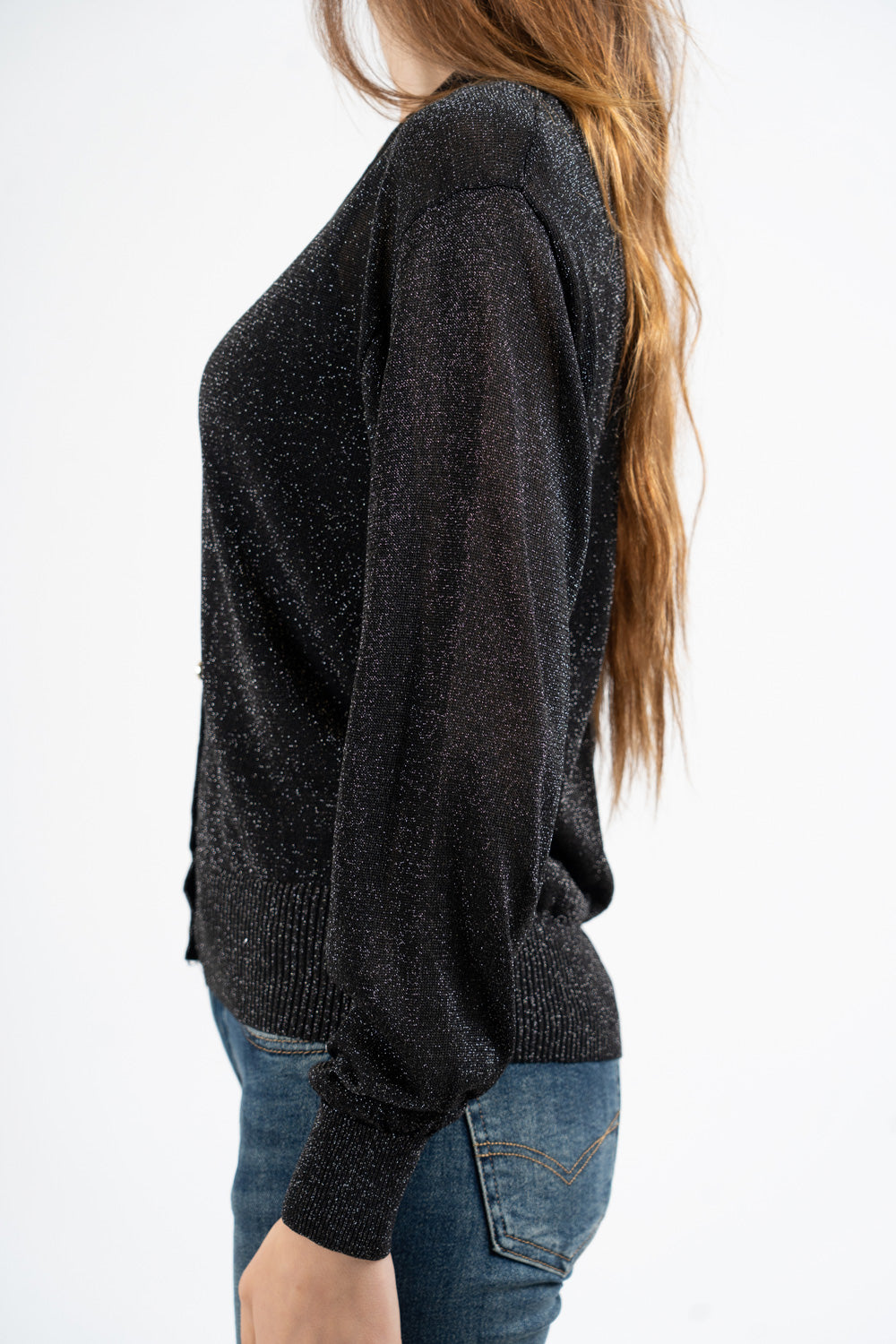 Cardigan in viscosa lurex con bottoni gioiello e scollo a V