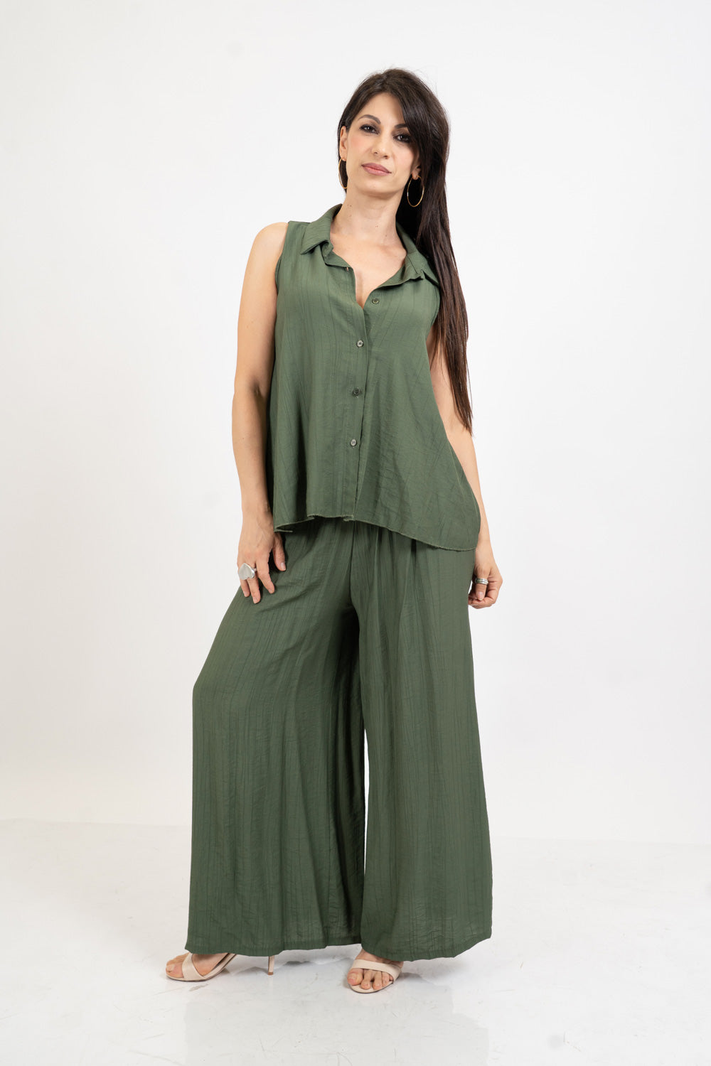 Camicia smanicata svasata in viscosa EasyWave no stiro con bottoni