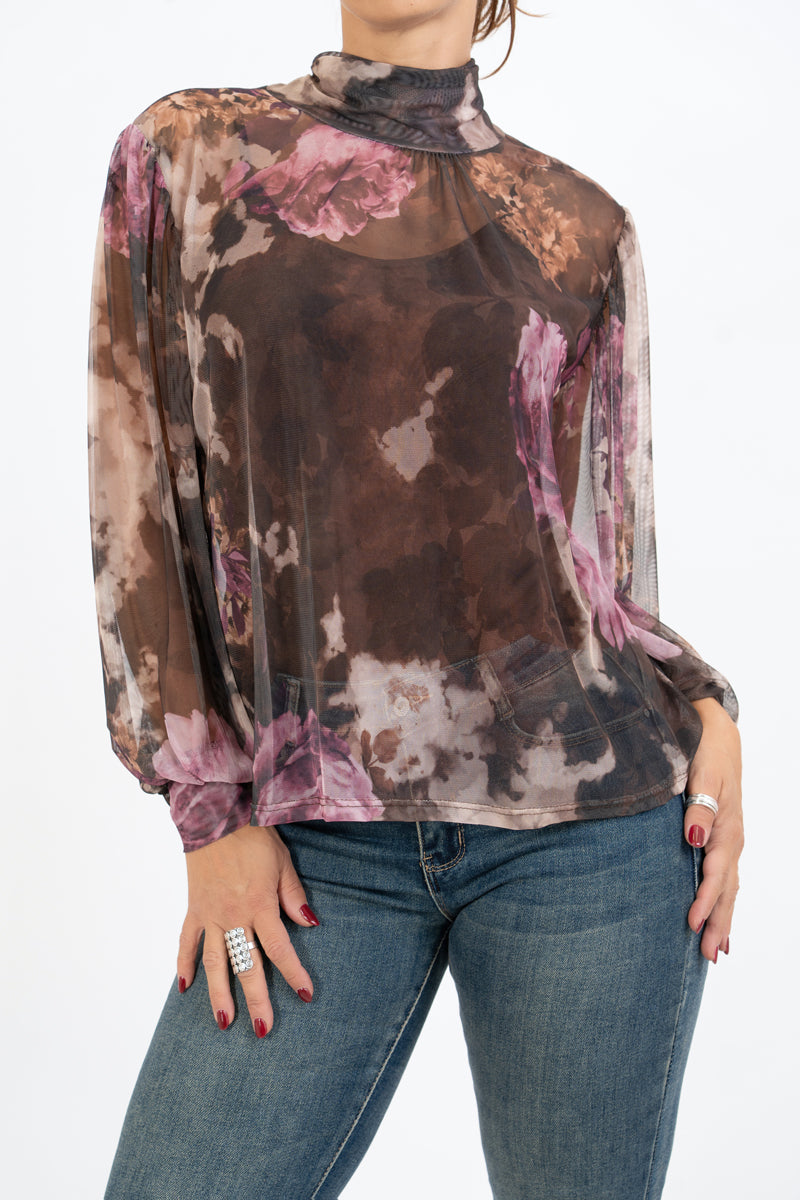 Blusa Sheer Bloom con Fiocco al Collo