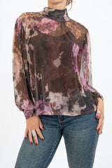 Blusa Sheer Bloom con Fiocco al Collo