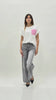 Jeans wide leg grigio slavato con tasca posteriore rosa strass e rotture