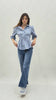 Camicia rigata donna in cotone elasticizzato con vita arricciata e maniche a palloncino