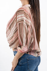 modella indossando Camicia over in Tencel a righe con nodo frontale e collo coreano colore