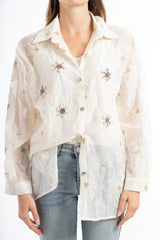 Camicia velata jacquard fiorita con applicazioni gioiello