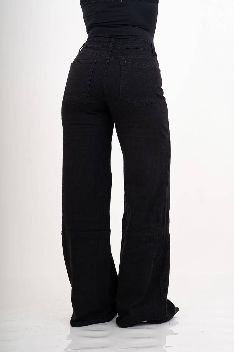 Jeans Nero a palazzo elasticizzato a vita alta