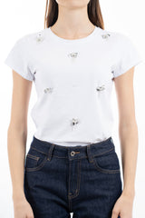 modella indossando T-shirt con libellule gioiello in cotone elasticizzato colore Bianco Unica