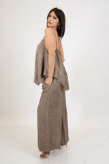 Top con balza effetto lino delavé a trapezio.