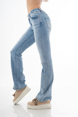 Jeans donna vita bassa a zampa in denim leggero elasticizzato