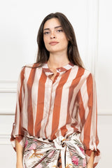 Camicia Collo Coreana in Tencel a Righe Multicolor