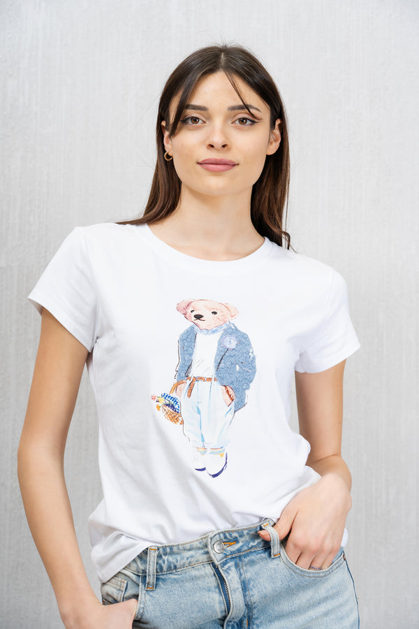 T-shirt in Cotone Elasticizzato con Stampa Orsetto Chic Blu