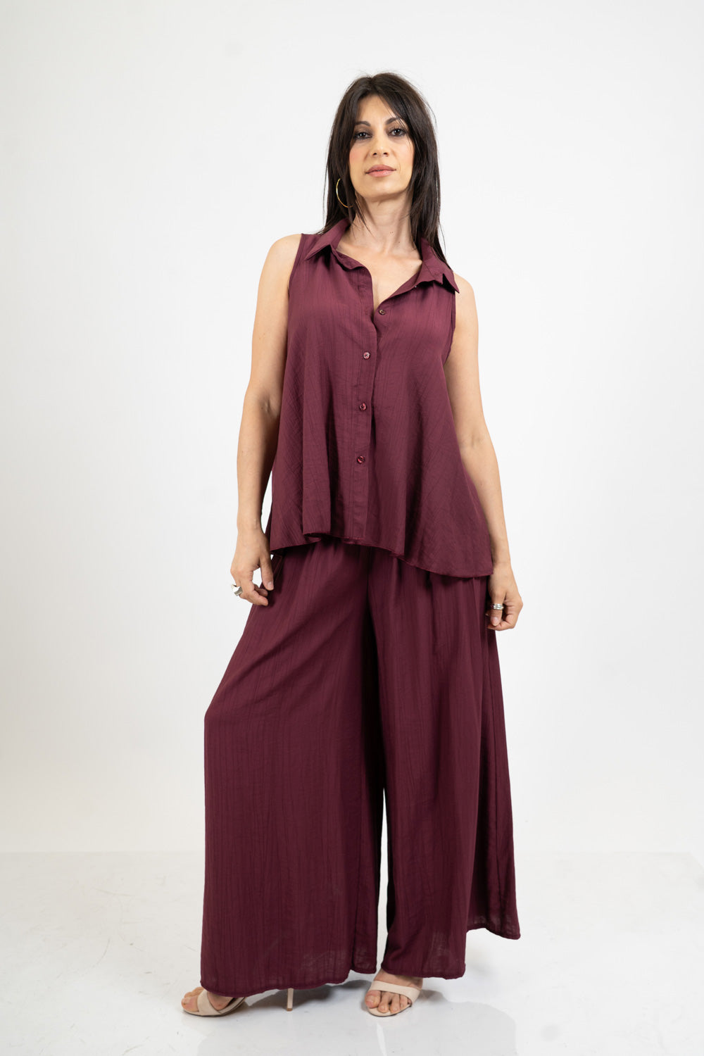 Camicia smanicata svasata in viscosa EasyWave no stiro con bottoni
