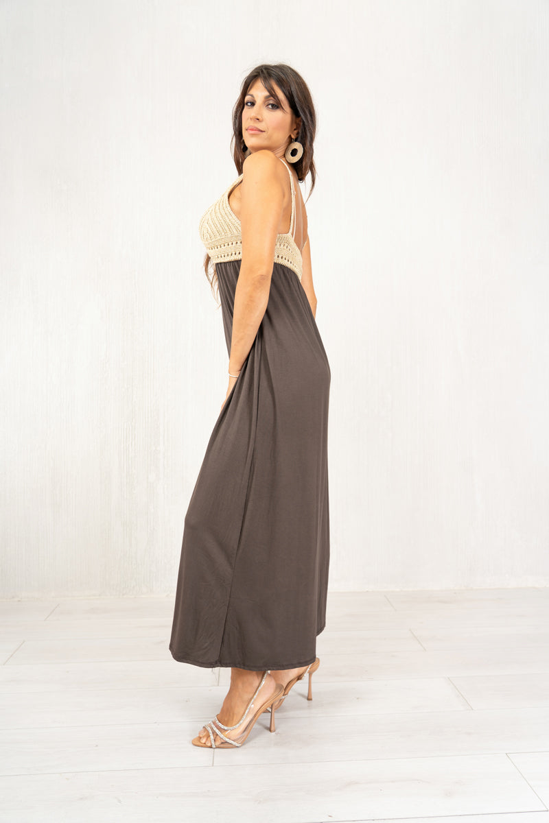 Abito lungo Golden Weave con corpetto in lurex