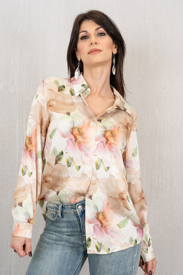 Camicia in Raso Floral Elegance a Fantasia