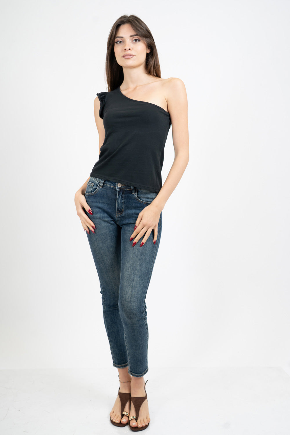 Top monospalla in cotone elasticizzato con rouge.