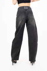 Jeans a vita alta in denim elasticizzato nero delavé