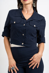Giacchino crop stile denim in viscosa elasticizzata.