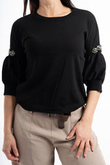 Maglia girocollo in viscosa con maniche a palloncino e applicazioni gioiello