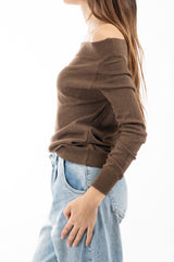 modella indossando Maglia in filato leggero con scollo morbido e collo a costina colore