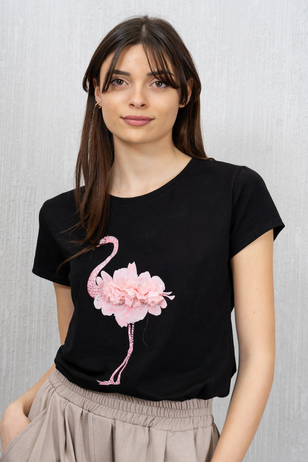 T-shirt in Cotone Elasticizzato Flamingo Nera