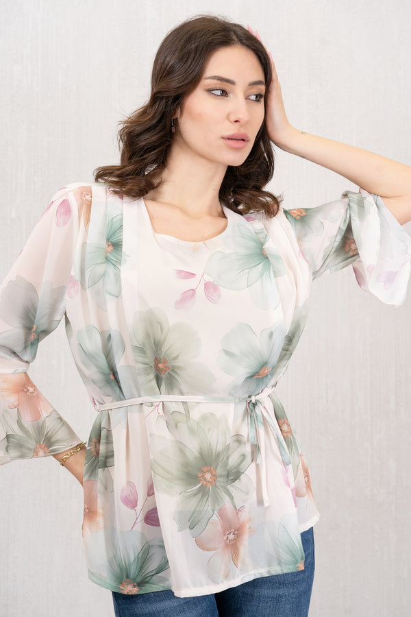 Blusa in georgette a fantasia con fodera in viscosa beige-verde