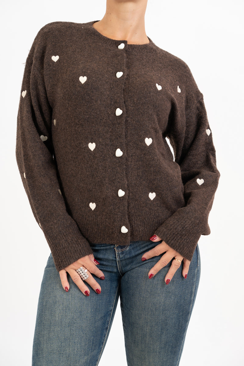 Cardigan SweetHeart in misto lana con ricami a cuore