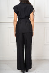 Completo Donna Gilet Smanicato con Pantalone Palazzo in Viscosa Effetto Fiammato