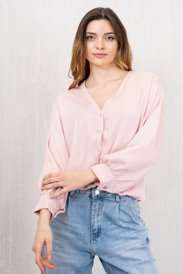 Blusa in tela rasata con bottoni rosa