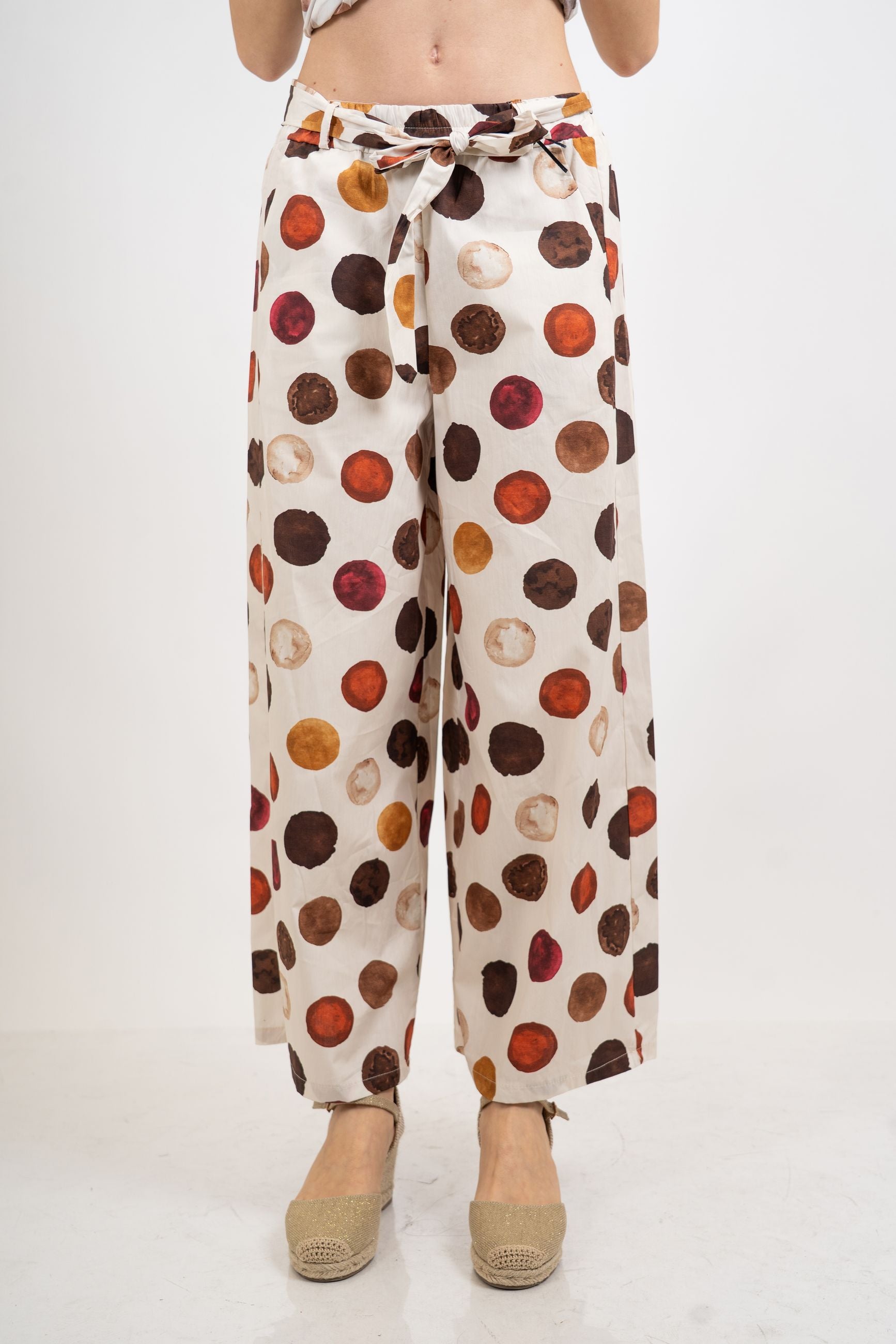 Pantalone wide leg in cotone fantasia pois acquerello.