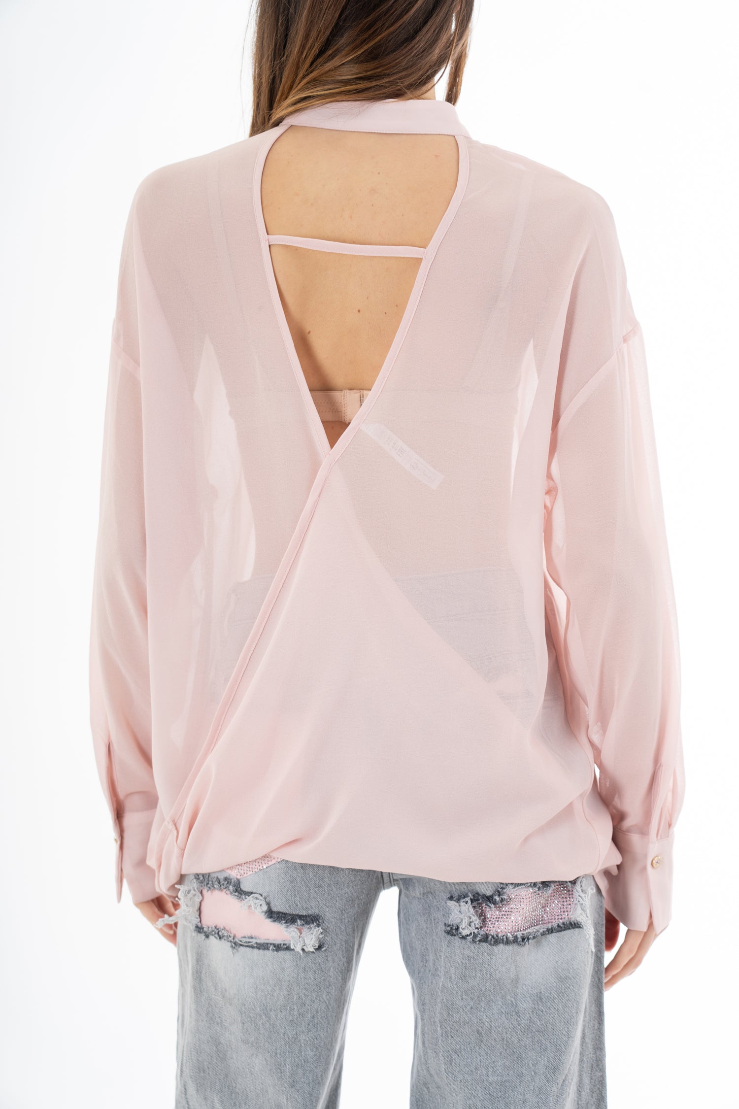 Camicia lunga in georgette velata con scollatura incrociata sul retro