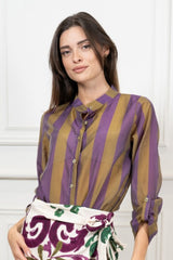 Camicia Collo Coreana in Tencel a Righe Multicolor