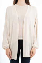 modella indossando Cardigan aperto in filato lurex leggero manica lunga colore CHAMPAGNE Unica